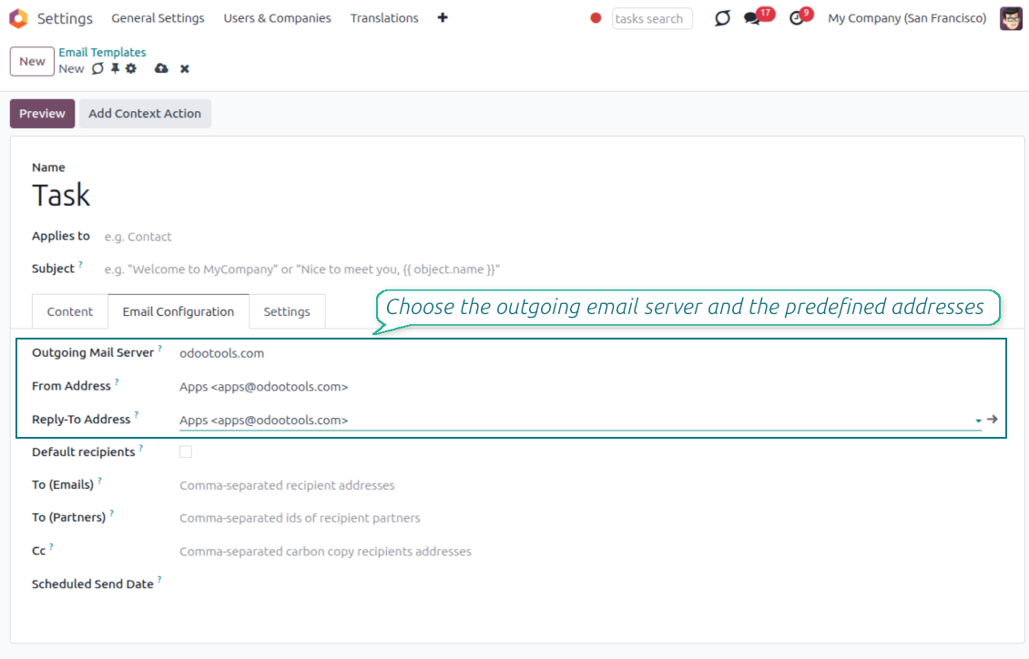 Odoo email template Settings tab with managed From Address, Reply-To Address, and outgoing mail server pickers