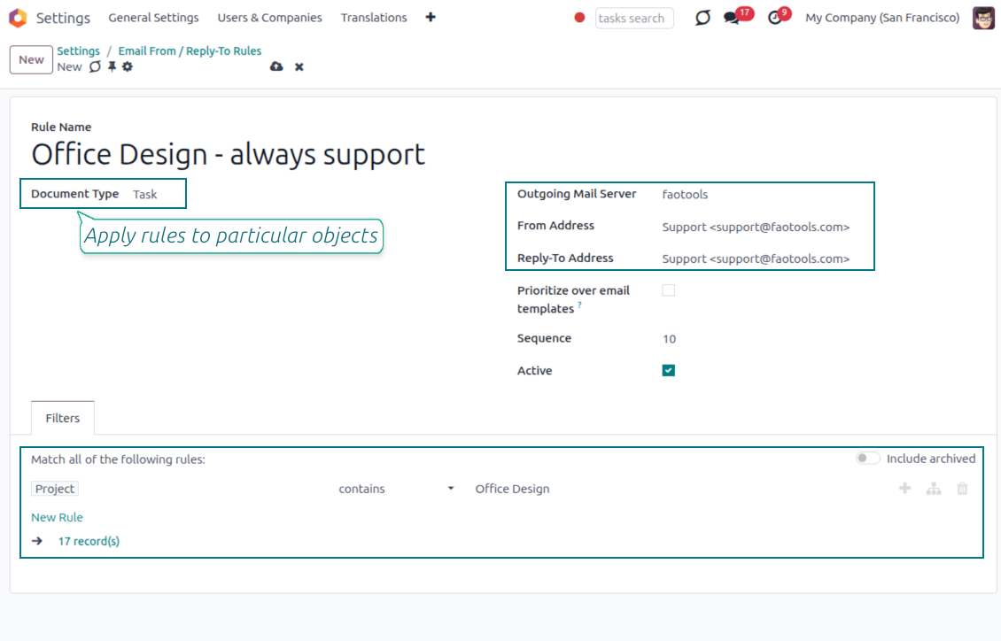 Odoo Email From rule form applying Support sender to Task records filtered by project, with prioritize over templates enabled