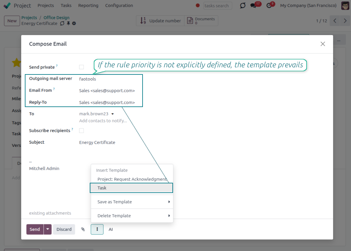 Odoo composer showing template-chosen From and Reply-To when no metadata rule overrides the template default