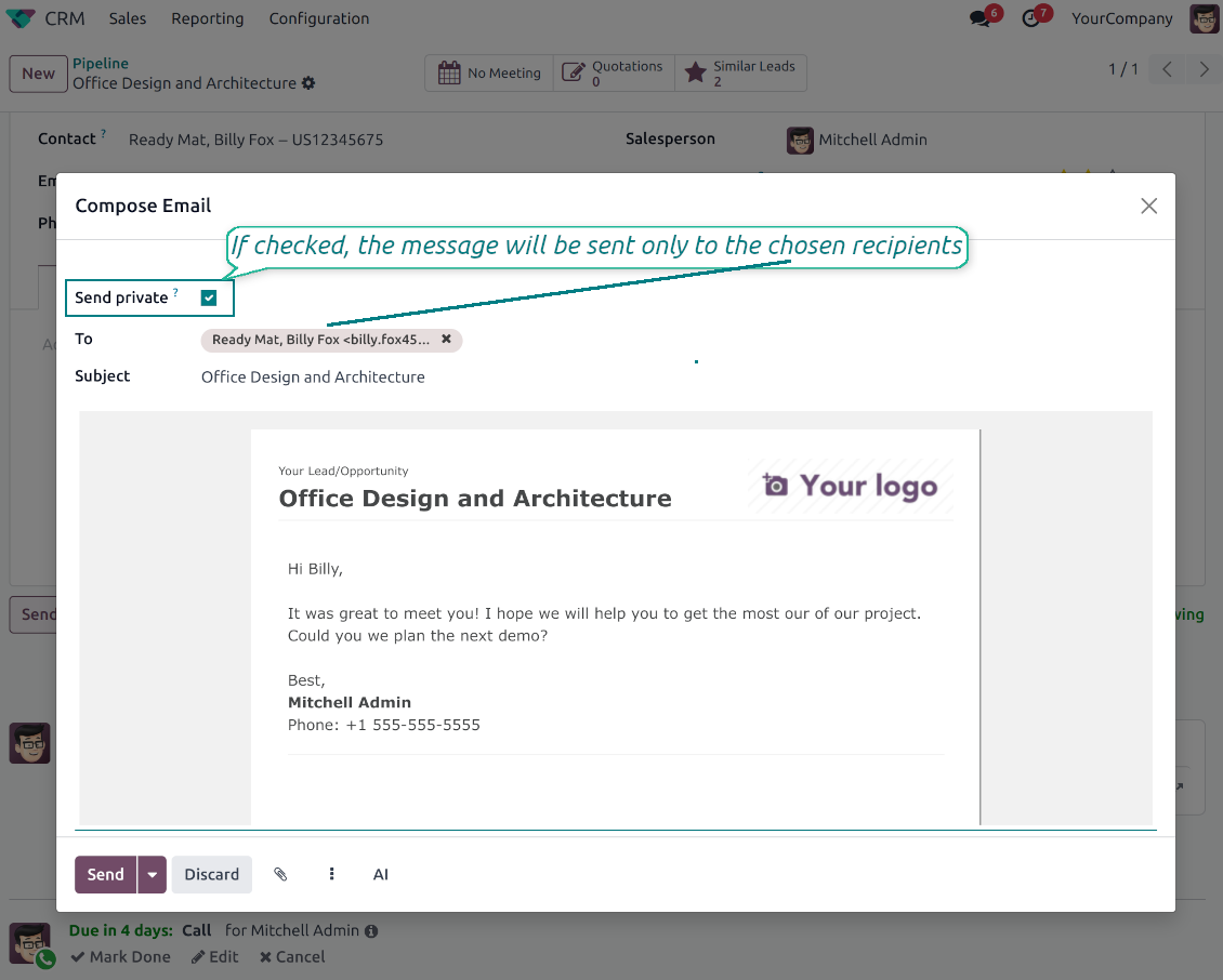 The Compose Email dialog in Odoo featuring the Send private checkbox, ensuring the message is only delivered to the specific contacts in the "To" field.