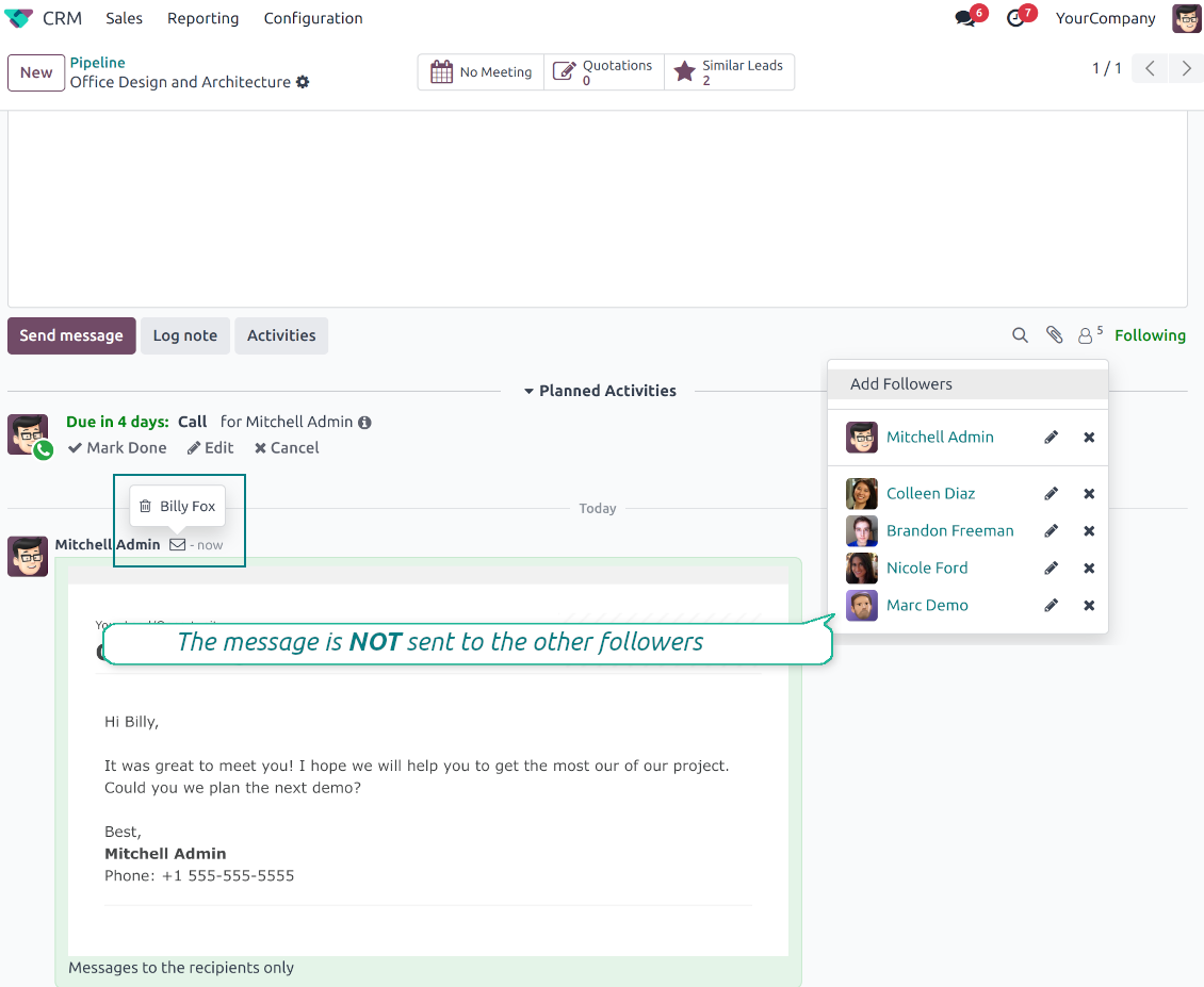 Odoo chatter interface demonstrating a sent message that is delivered exclusively to the chosen recipient and kept hidden from other document followers