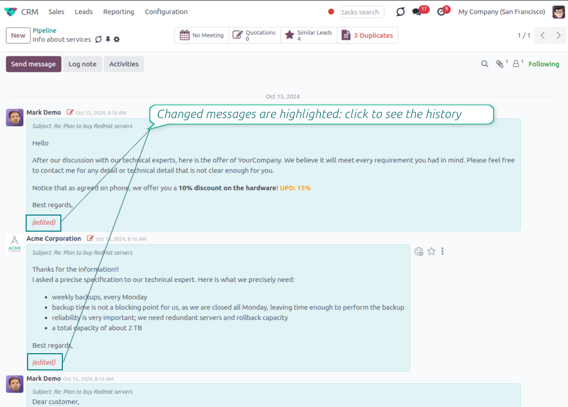 Odoo chatter interface in the message_editing module showing an "(edited)" label next to a modified message, with a callout explaining that clicking the label reveals the change history