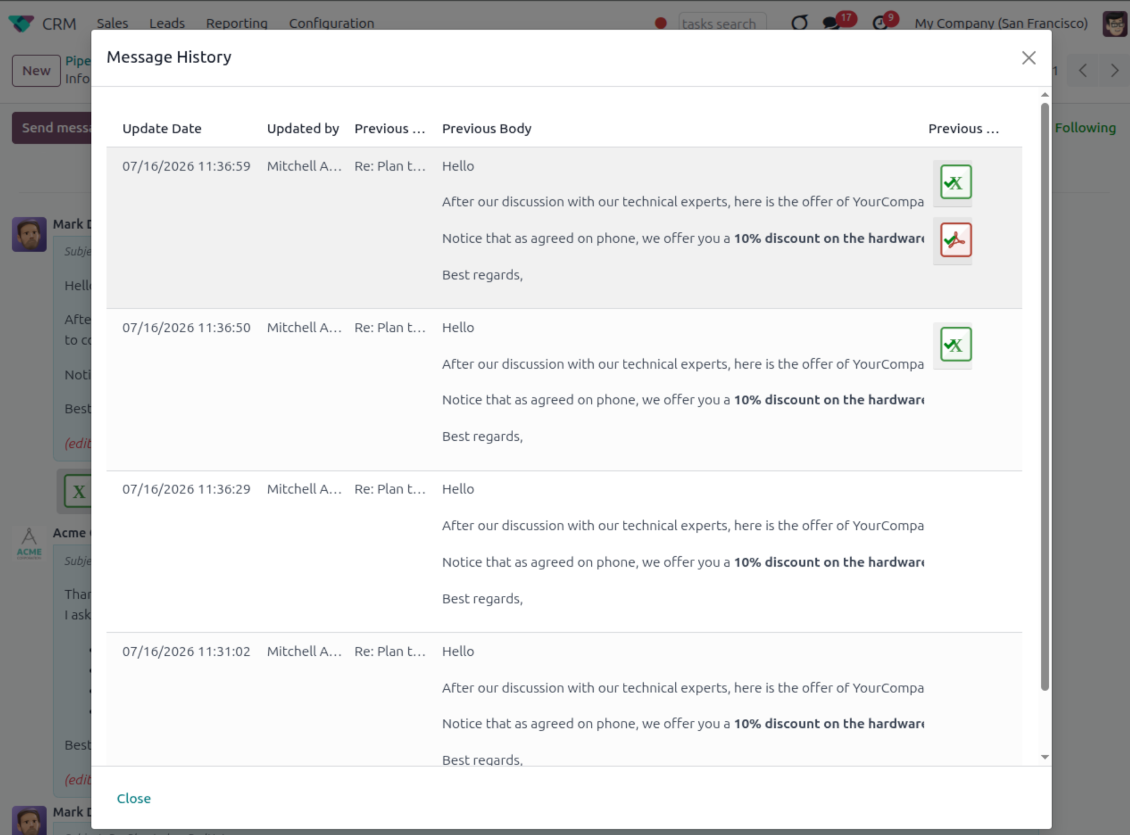 A comprehensive "Message History" window showing multiple past versions of a single message, clearly logging every edit iteration and document change.