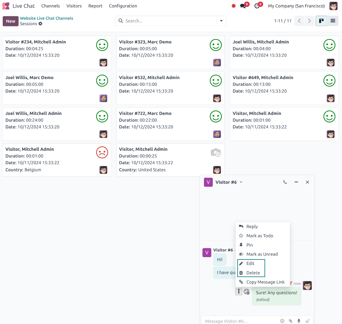 The "Edit Message" pop-up dialog within the Odoo Discuss app, demonstrating the ability to edit message text and manage attachments using the full composer mode of live chats