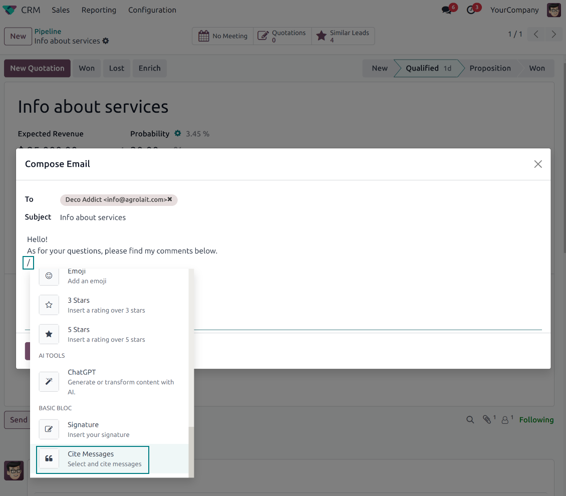 Odoo email composer quick link for citation
