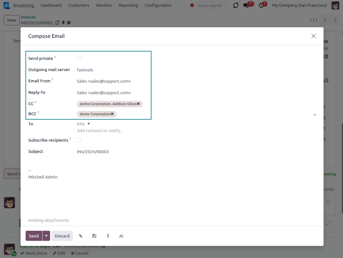 Invoice Send wizard with CC, BCC, Email From, and Reply-To from Odoo Messaging Suite