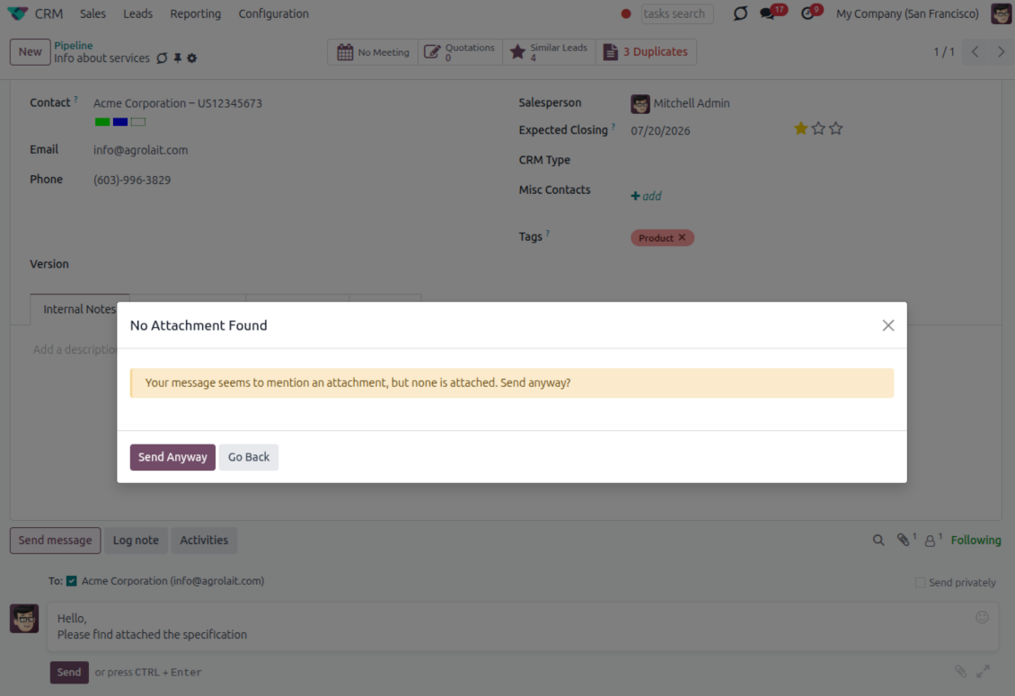 Odoo warning dialog reading "Your message seems to mention an attachment, but none is attached. Send anyway?" with Send Anyway and Go Back buttons