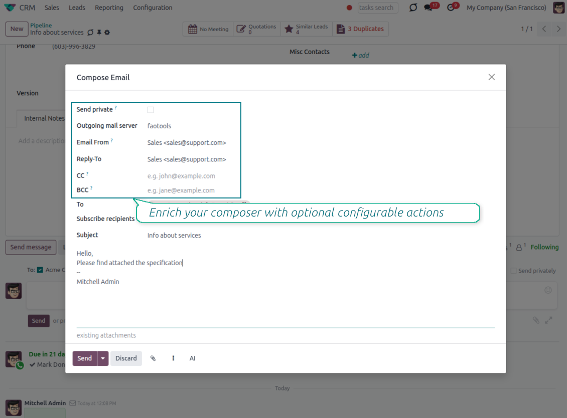 Odoo full email composer with Send private, CC and BCC recipient fields and an optional configurable-actions callout
