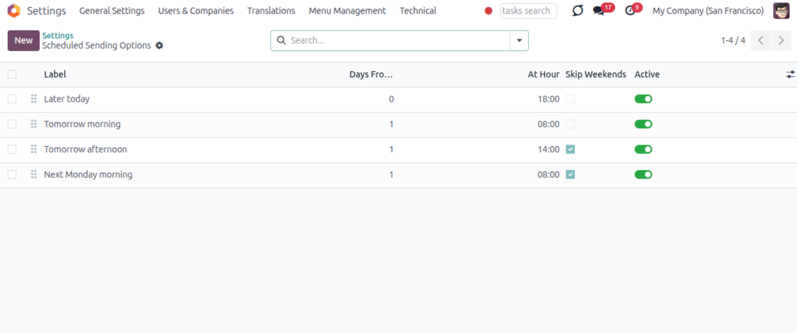 Odoo Scheduled Sending Options admin list showing labels, days from, at hour, skip weekends and active toggles for each Send Later preset