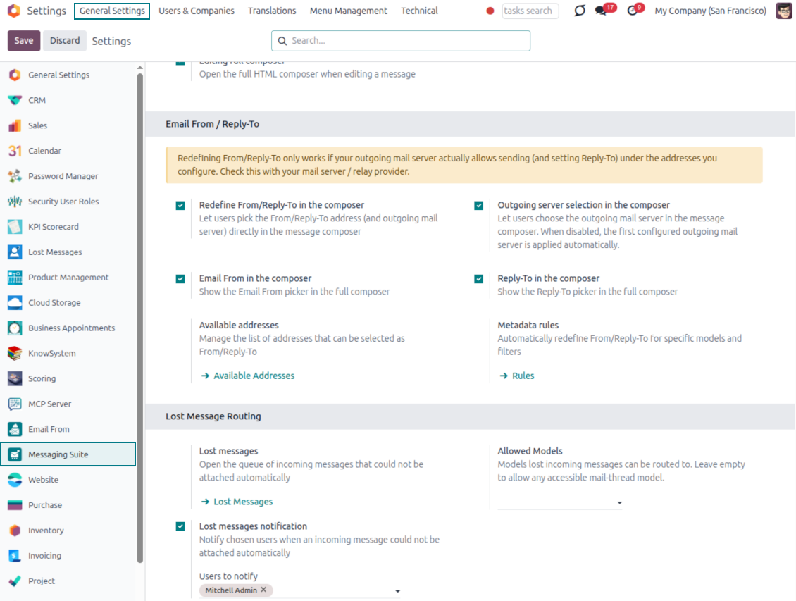 Odoo Messaging Suite settings page showing Email From / Reply-To options and Lost Message Routing configuration with allowed models and notification users