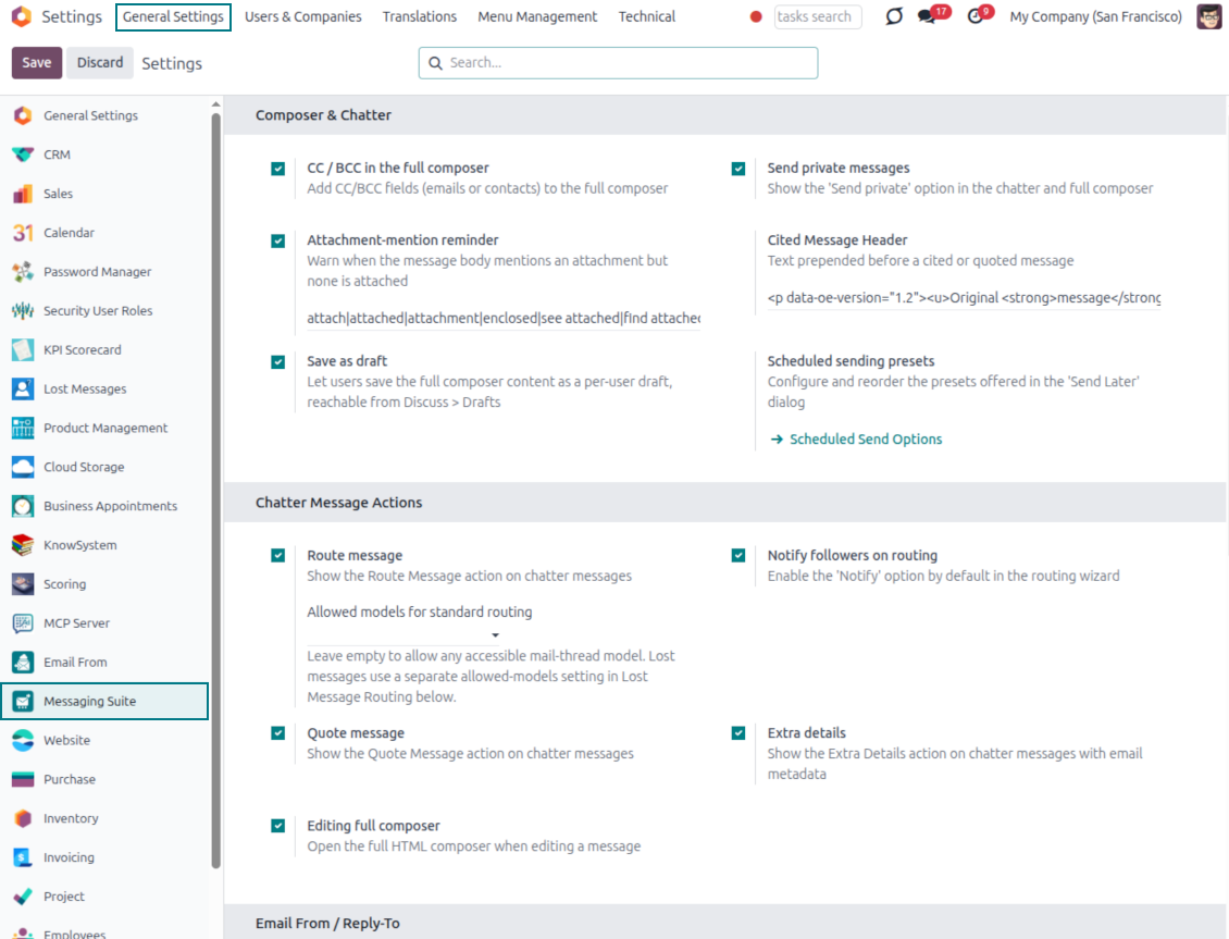 Odoo Messaging Suite settings page listing Composer & Chatter and Chatter Message Actions toggles, including CC/BCC, private messages, attachment reminder, save as draft, forward, route and quote message