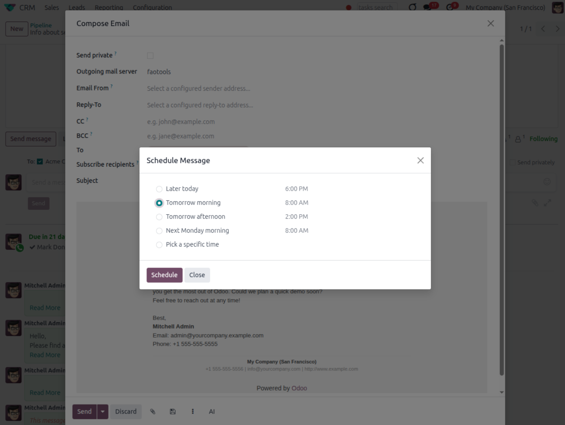 Odoo Set Scheduled Date dialog listing configurable Send Later presets such as Later today, Tomorrow morning and Next Monday morning