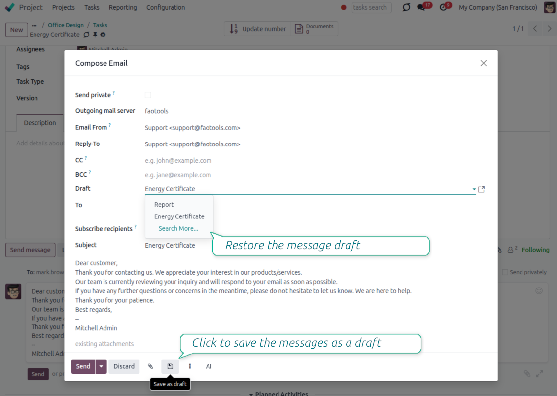 Restore a saved Odo email draft back into the composer