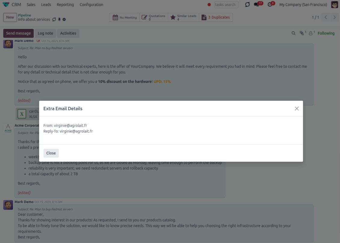 Odoo Extra Email Details popup showing the From, To, CC and Reply-To addresses of an incoming chatter message