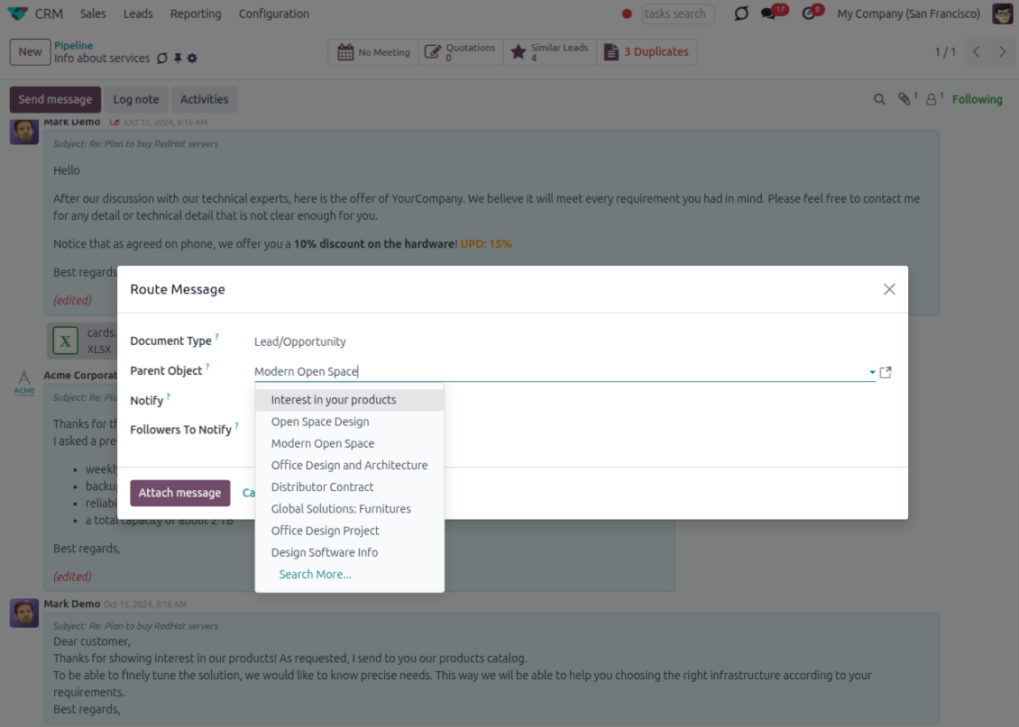 Odoo Route Message wizard with Document Type set to Lead and a Parent Object dropdown listing matching records