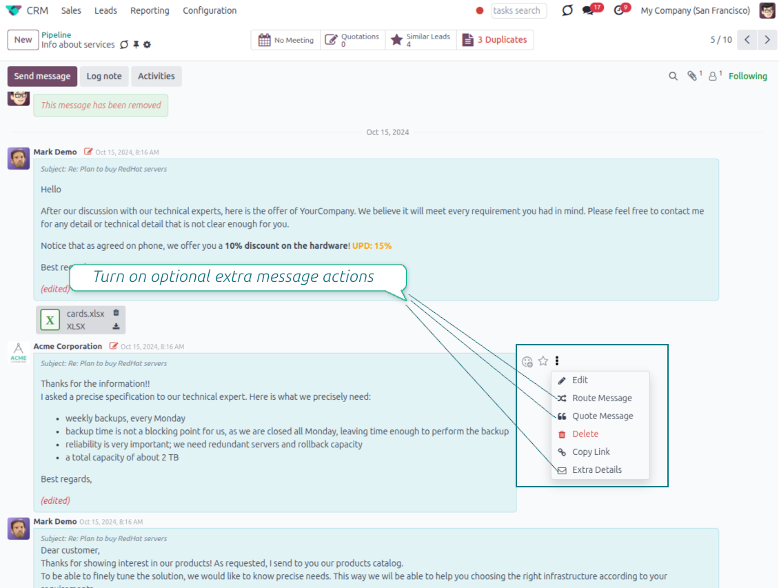 Odoo chatter message action menu showing Forward, Route Message, Quote Message, Copy Link and Extra Details options