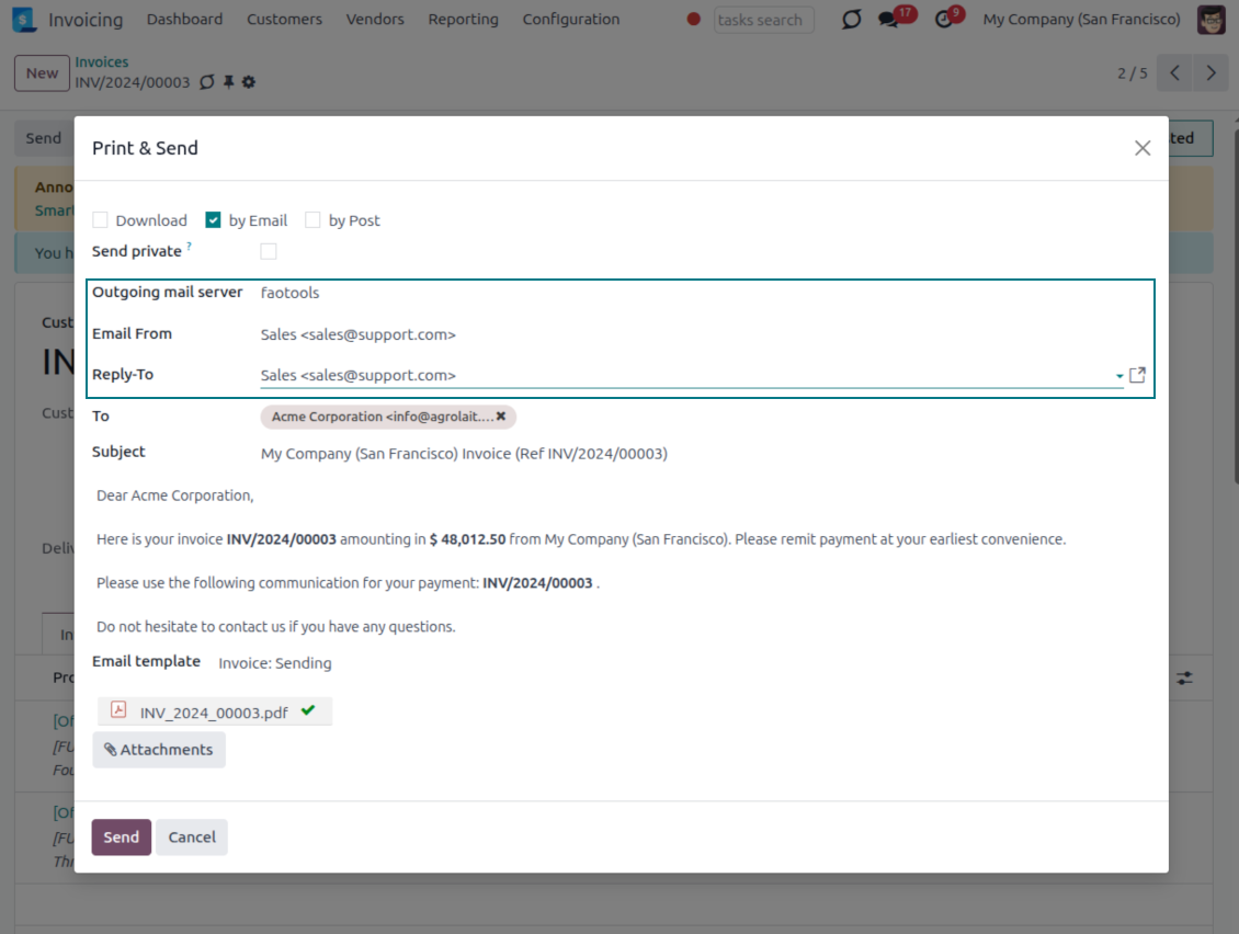 Invoice Send wizard with managed Email From, Reply-To, and outgoing mail server pickers from Odoo Email From