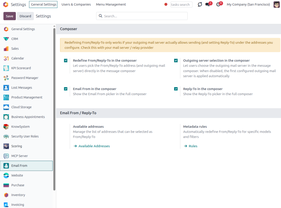 Odoo Email From settings page enabling composer From, Reply-To, and outgoing server pickers with shortcuts to available addresses and metadata rules