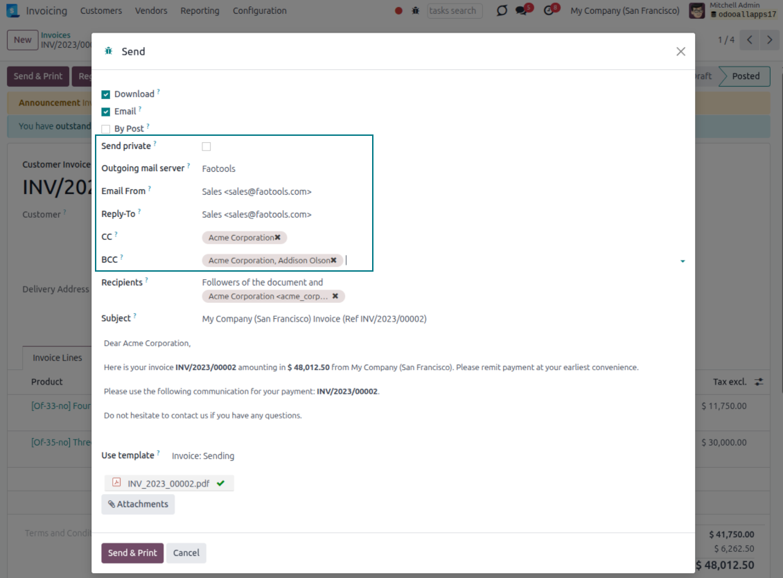 Invoice Send wizard with CC, BCC, Email From, and Reply-To from Odoo Messaging Suite