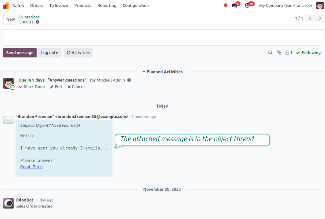 Recovered lost email is attached to the selected Odoo record thread after routing
