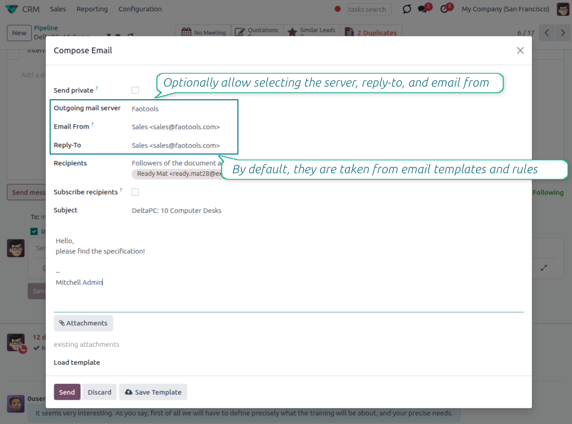 Odoo message composer with managed Email From, Reply-To, and outgoing mail server fields replacing free-text sender entry