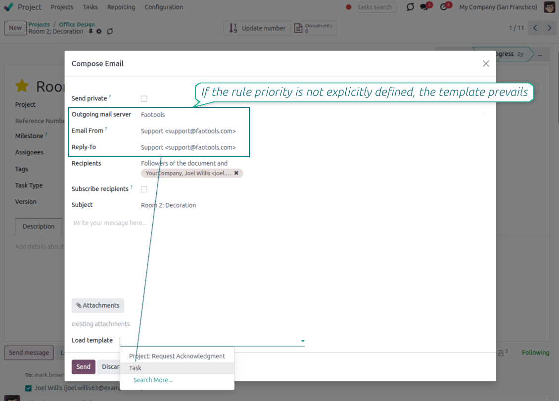 Odoo email template Settings tab with managed From Address, Reply-To Address, and outgoing mail server pickers