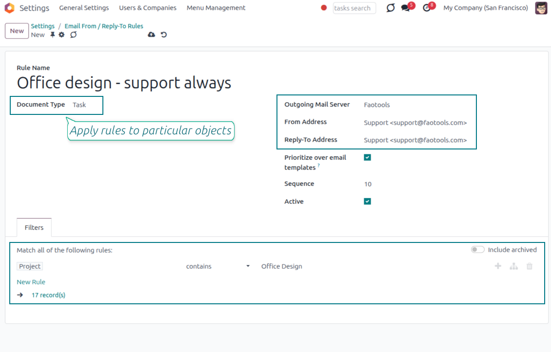Odoo Email From rule form applying Support sender to Task records filtered by project, with prioritize over templates enabled