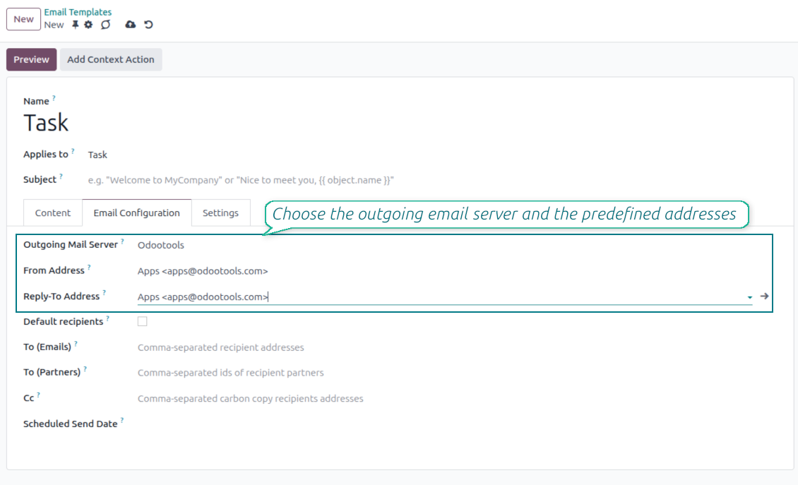 Odoo composer showing template-chosen From and Reply-To when no metadata rule overrides the template default