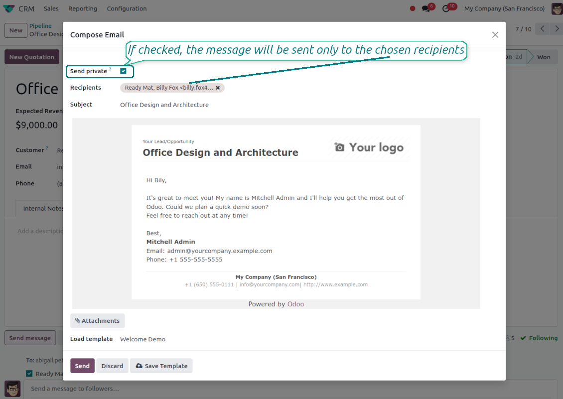 The Compose Email dialog in Odoo featuring the Send private checkbox, ensuring the message is only delivered to the specific contacts in the "To" field.