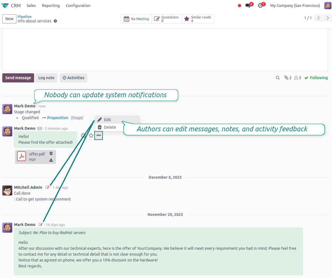 A context menu on an Odoo chatter message with added "Edit" and "Delete" options, allowing users to modify or remove their own messages, notes, and activity feedback