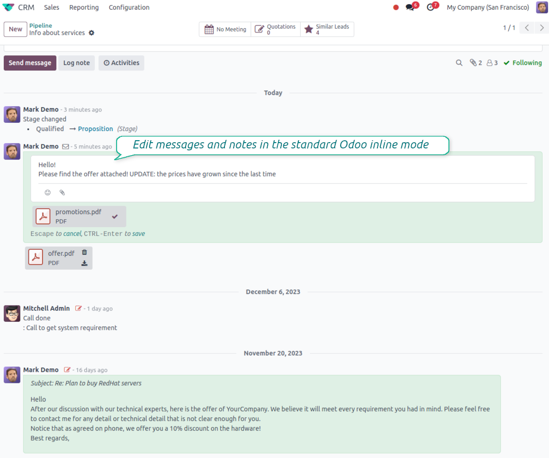 Odoo chatter inline message editor with rich text body and attachment management