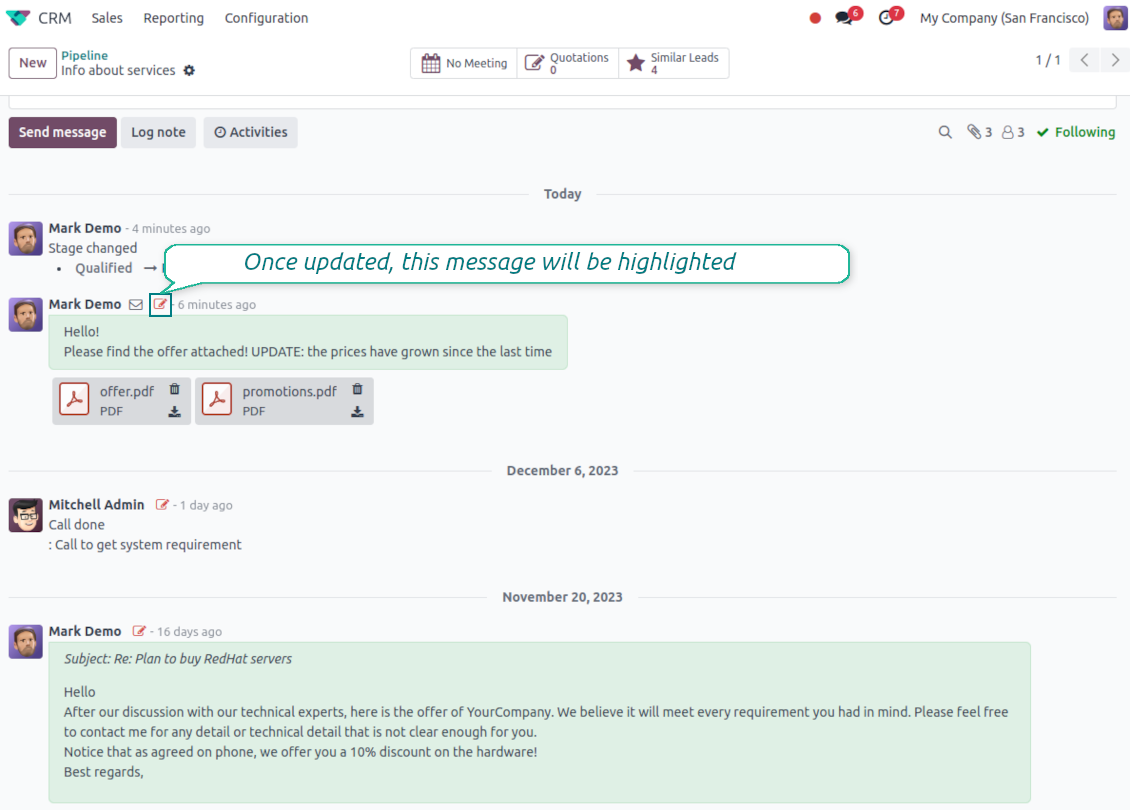 Odoo chatter interface in the message_editing module showing an "(edited)" label next to a modified message, with a callout explaining that clicking the label reveals the change history
