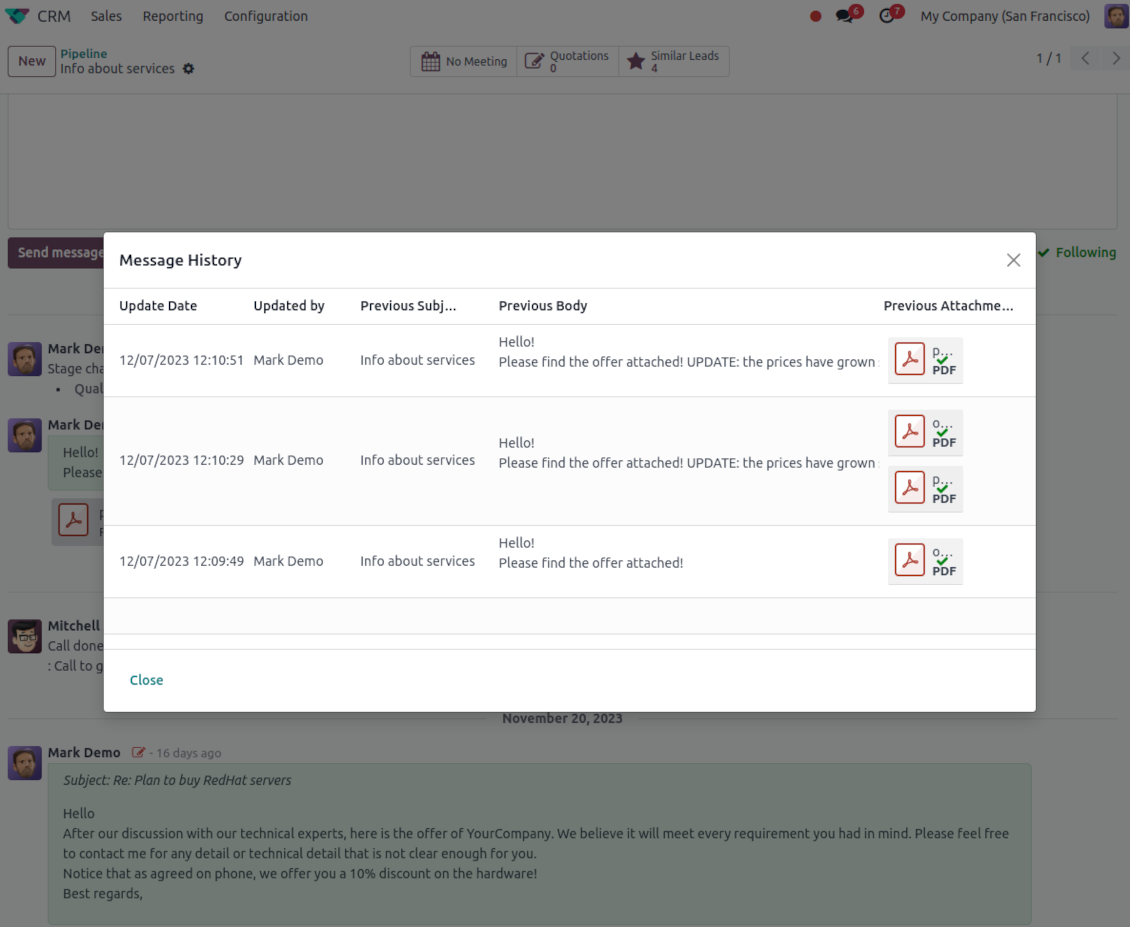 A comprehensive "Message History" window showing multiple past versions of a single message, clearly logging every edit iteration and document change.