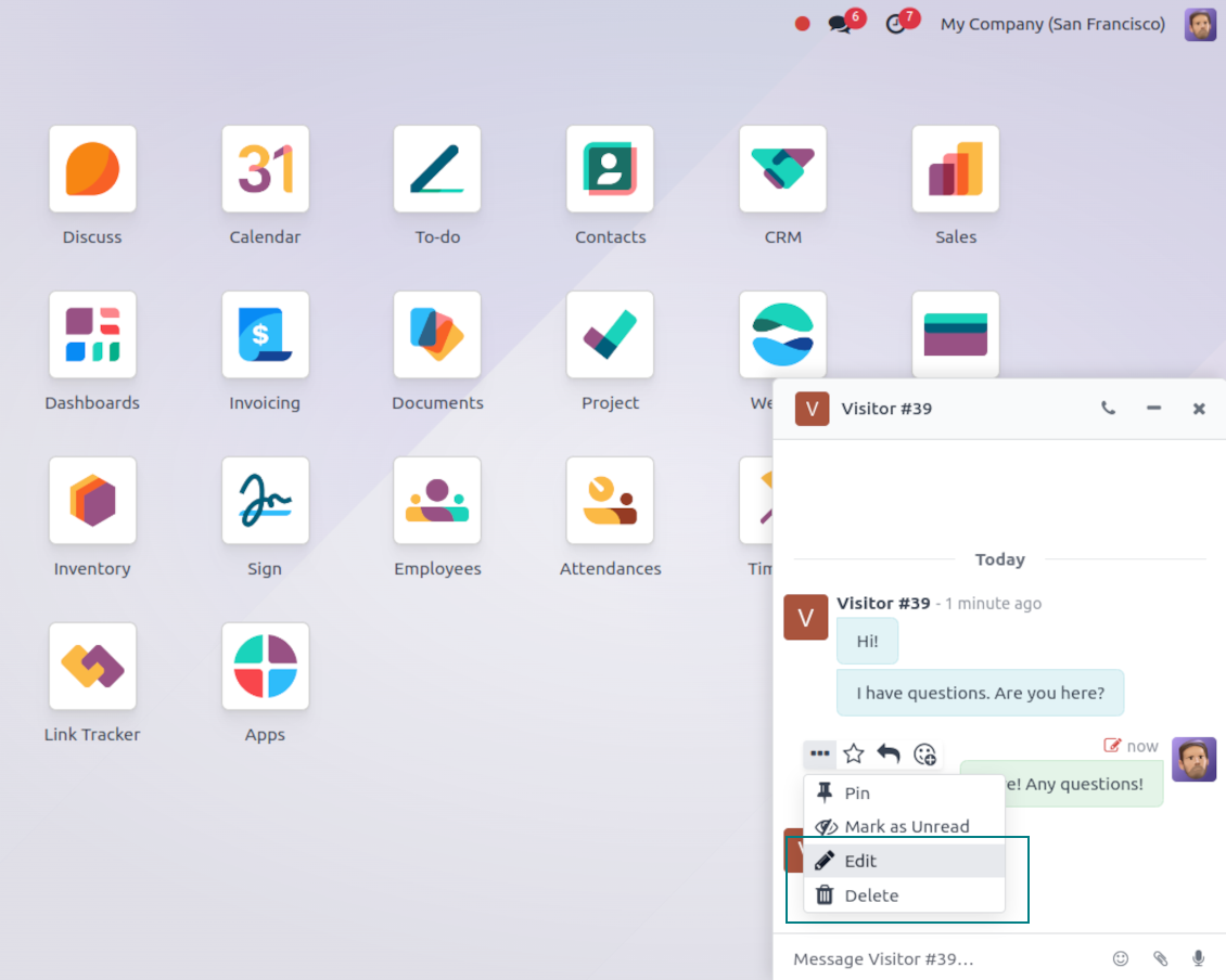 The "Edit Message" pop-up dialog within the Odoo Discuss app, demonstrating the ability to edit message text and manage attachments using the full composer mode of live chats
