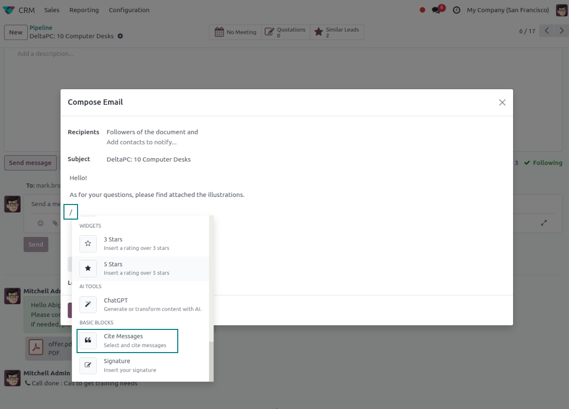 Odoo email composer quick link for citation