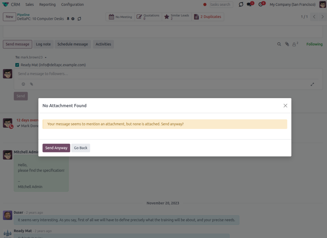 Odoo warning dialog reading "Your message seems to mention an attachment, but none is attached. Send anyway?" with Send Anyway and Go Back buttons