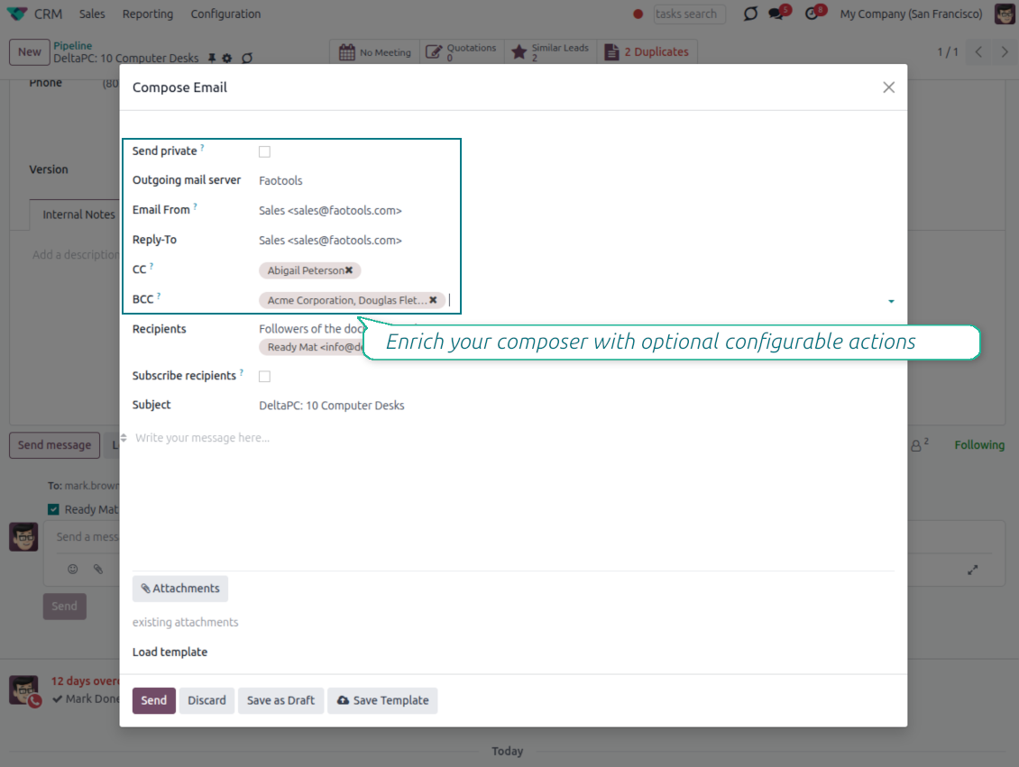 Odoo full email composer with Send private, CC and BCC recipient fields and an optional configurable-actions callout