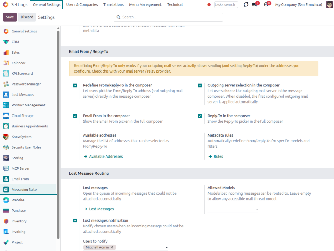 Odoo Messaging Suite settings page showing Email From / Reply-To options and Lost Message Routing configuration with allowed models and notification users