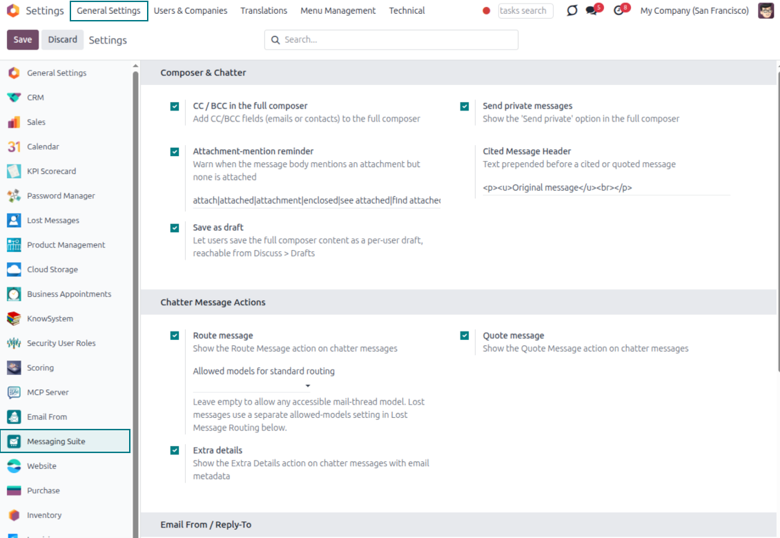 Odoo Messaging Suite settings page listing Composer & Chatter and Chatter Message Actions toggles, including CC/BCC, private messages, attachment reminder, save as draft, forward, route and quote message