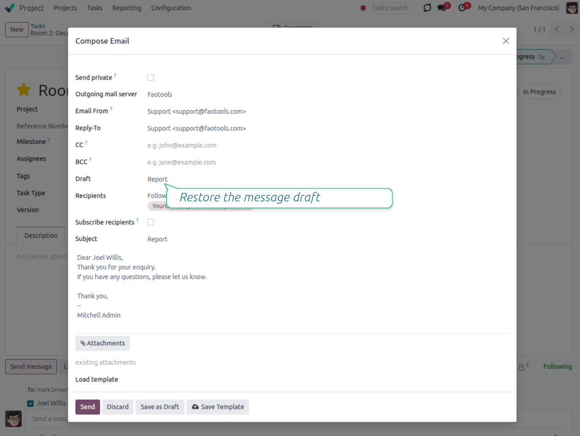 Restore a saved Odo email draft back into the composer