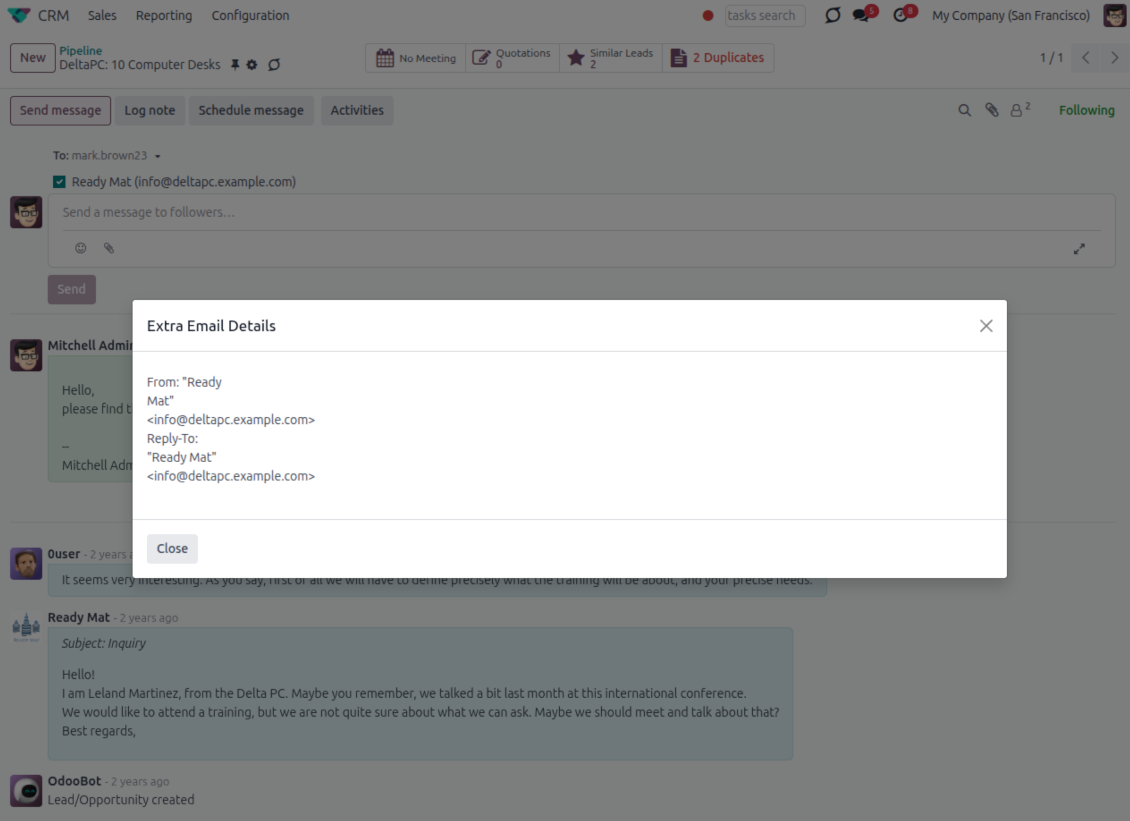 Odoo Extra Email Details popup showing the From, To, CC and Reply-To addresses of an incoming chatter message