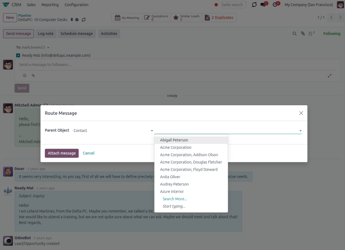 Odoo Route Message wizard with Document Type set to Lead and a Parent Object dropdown listing matching records