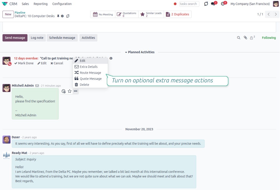 Odoo chatter message action menu showing Forward, Route Message, Quote Message, Copy Link and Extra Details options