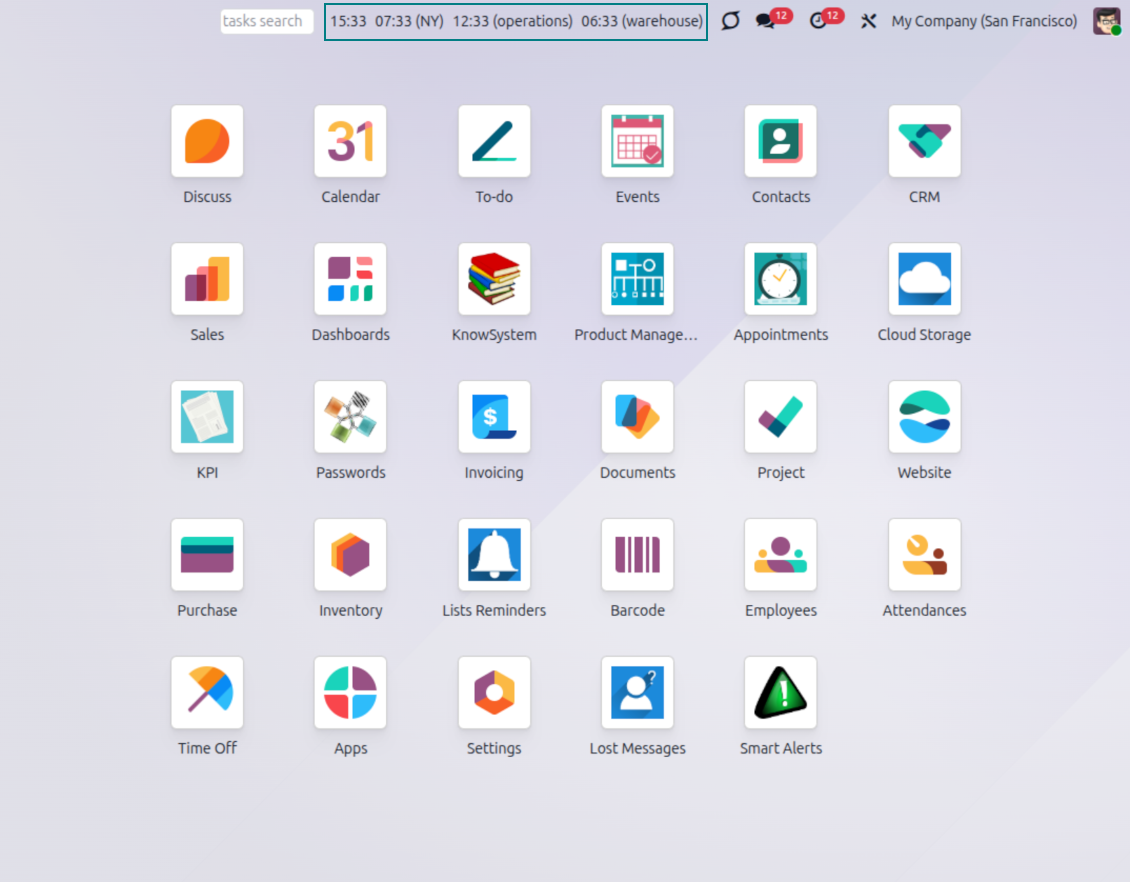 Időzónaórák az Odoo backend fejlécében