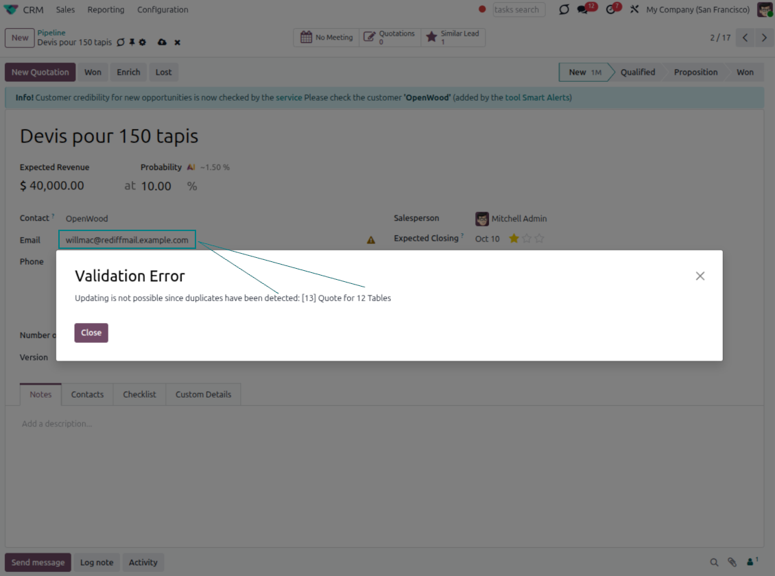 Odoo blocks opportunity save on rigid CRM duplicate