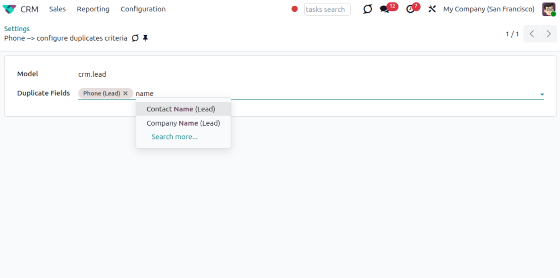 Odoo CRM duplicate criteria field configuration
