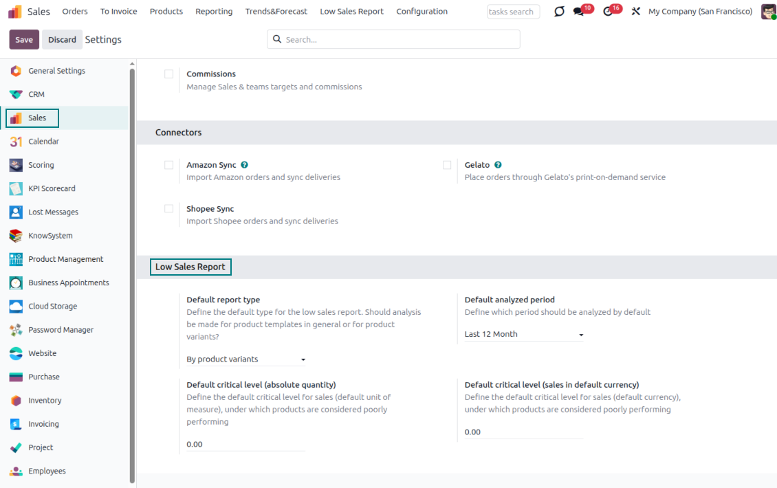 Valori predefiniti per generare un report vendite Odoo
