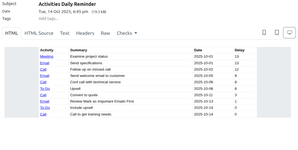 Odoo Activities Daily Reminder email listing due and overdue activities in one table