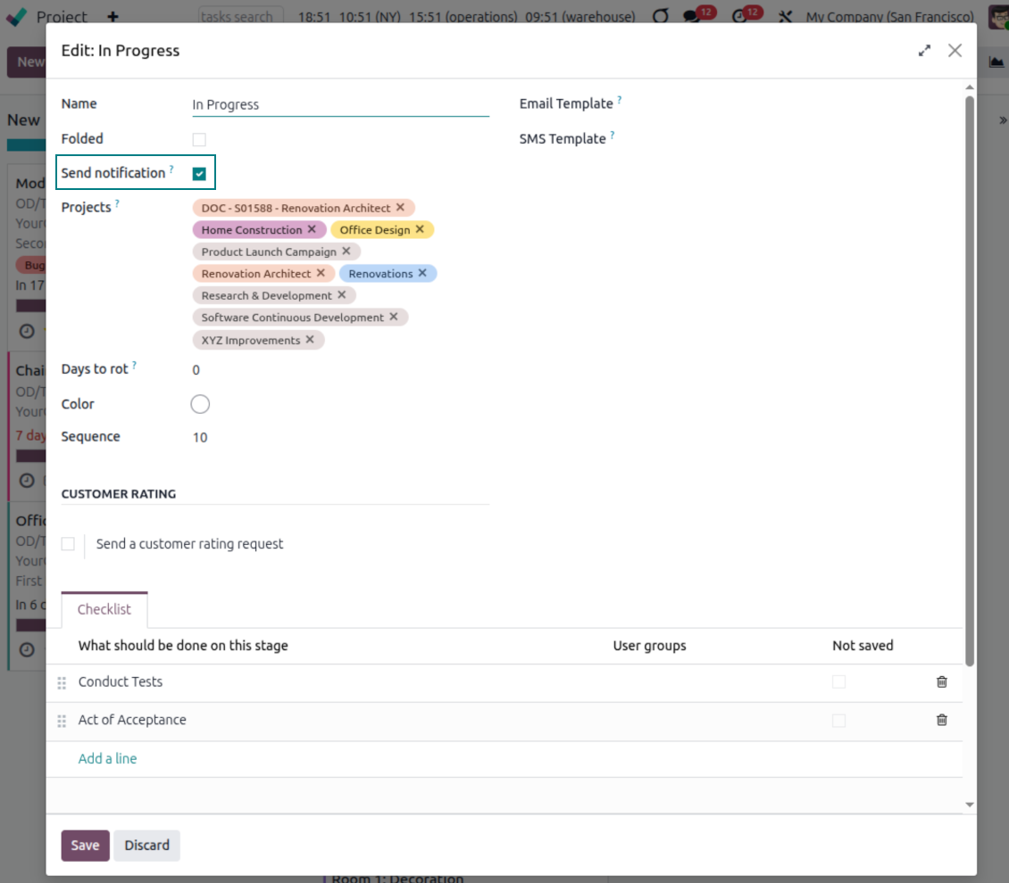 Nastavení Notify fáze úkolu projektu Odoo pro filtr Tasks Daily Reminder