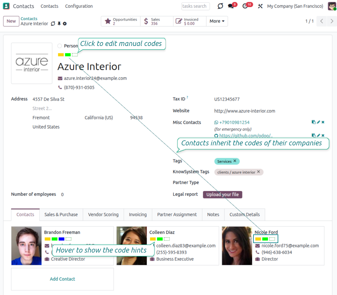 Odoo contact form showing partner color coding boxes for scoring